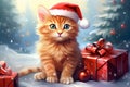 a charming red kitten in a Santa hat sits next to beautifully packed boxes and balloons