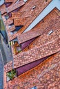 Charming red tiled roofs of medieval houses in old town of Bern, Switzerland