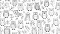 A charming repeating pattern of hand-drawn owls and simple folia Royalty Free Stock Photo