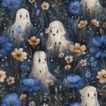 Charming retro fabric design featuring yellow and blue wildflowers with whimsical ghosts Royalty Free Stock Photo