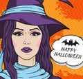 Charming retro witch in hat with message Happy Halloween. Vector girl in witch costume on orange background, pop art comic style Royalty Free Stock Photo