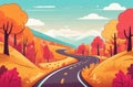 A charming road twists through a vibrant, illustrated autumnal landscape, with mountains in the distance