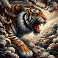 A charming roar tiger with ukiyo style, bold painting art, clouds, artistic, animal