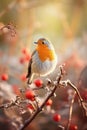 Charming Robin Resting on Snow-Dusted Berries in a Winter Wonderland - Generative AI