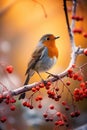 Charming Robin Resting on Snow-Dusted Berries in a Winter Wonderland - Generative AI