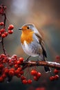 Charming Robin Resting on Snow-Dusted Berries in a Winter Wonderland - Generative AI
