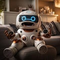 Charming robot plays games in virtual reality through VR glasses on the sofa with a fun and entertaining time in your