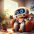 Charming robot plays games in virtual reality through VR glasses on the sofa with a fun and entertaining time in your