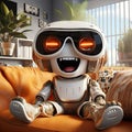 Charming robot plays games in virtual reality through VR glasses on the sofa with a fun and entertaining time in your