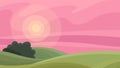 A charming rural landscape with a pink sunset or sunrise. Cartoon flat background with hills and fields. A simple