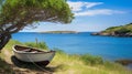 Charming Rural Scene: Old Fisherman\'s Boat Sailing In Sunny Menorca