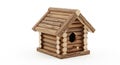 Rustic log cabin birdhouse with circular entrance and perch on white background bird house Royalty Free Stock Photo