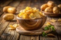 Charming Rustic Bowl of Roasted Potatoes and Crispy Potato Chips A TiltShift Perspective on a Rustic Wooden Table Royalty Free Stock Photo