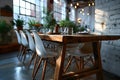 Charming rustic dining arrangement in a spacious, well-lit industrial interior