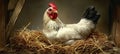Charming Rustic Farmhouse Scene with Hens Nesting, Laying Eggs in a Cozy Nest Under Soft Light Royalty Free Stock Photo
