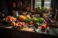 Ai Generative Vegetables and fruits in a rustic kitchen on a wooden table