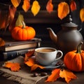 Charming rustic still life with pumpkins, blanket, cup of coffee and autumn leaves Royalty Free Stock Photo
