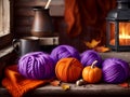 Charming rustic still life with pumpkins, coffee cup, fireplace, blanket and autumn leaves Royalty Free Stock Photo