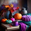 Charming rustic still life with pumpkins, cup of coffee, blanket and autumn leaves Royalty Free Stock Photo