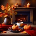 Charming rustic still life with pumpkins, fireplace, blanket, cup of coffee and autumn leaves Royalty Free Stock Photo