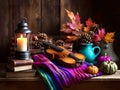 Charming rustic still life with pumpkins, old violin, colorful blanket and autumn leaves Royalty Free Stock Photo