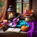 Charming rustic still life with pumpkins, old violin, colorful blanket, candles and autumn leaves Royalty Free Stock Photo