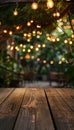 Charming rustic wooden table surrounded by outdoor seating and enchanting string lights at dusk