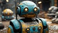 Cute robot exploring post apocalyptic industrial environment Royalty Free Stock Photo