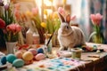 A charming scene depicting a bunny artistically painting Easter eggs in a cozy and colorful studio, surrounded by paints, brushes