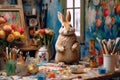 A charming scene depicting a bunny artistically painting Easter eggs in a cozy and colorful studio, surrounded by paints, brushes