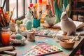 A charming scene depicting a bunny artistically painting Easter eggs in a cozy and colorful studio, surrounded by paints, brushes