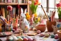 A charming scene depicting a bunny artistically painting Easter eggs in a cozy and colorful studio, surrounded by paints, brushes