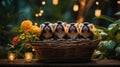 A Quartet of Geoffroy\'s Marmosets in a Woven Basket with Flowers and Candlelights Royalty Free Stock Photo