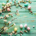 Tree Branches with Flowers and Easter Eggs on Mint Wooden Table Royalty Free Stock Photo