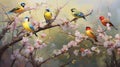 A charming scene of finch birds gathering on a tree branch