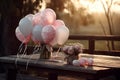 Balloons and Peonies on Bench
