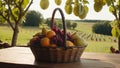 In a charming scene reminiscent of Catan\'s artistic allure, a rustic wooden table serves as the stage for a fruit basket. Royalty Free Stock Photo