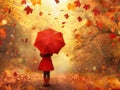 A charming scene of a small girl holding a red umbrella, standing amidst falling autumn leave Royalty Free Stock Photo