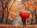 A charming scene of a small girl holding a red umbrella, standing amidst falling autumn leave Royalty Free Stock Photo