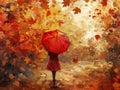 A charming scene of a small girl holding a red umbrella, standing amidst falling autumn leave Royalty Free Stock Photo