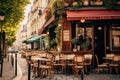 A charming scene of tables and chairs set up outside a restaurant on a picturesque cobblestone street, A quaint Parisian