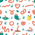 Charming Seamless Pattern with Cute Pink Adorable Worms In Playful Poses, Adding A Whimsical And Fun Touch
