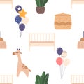 Charming Seamless Pattern Depicting Adorable Newborns Meeting Items such as Gift, Toys, Potted Plant, Balloons