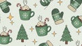 Cozy Christmas Winter Seamless Pattern with Hot Cocoa, Mittens, and Trees Royalty Free Stock Photo