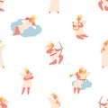 Charming Seamless Pattern Featuring Adorable Angels Heavenly Characters With Delicate Wings, Smiles, Relax On Clouds