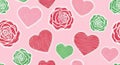 Seamless Pattern with Embroidered Hearts and Roses on Pink Background Royalty Free Stock Photo