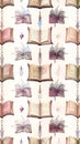 Seamless pattern with open books, ribbons, and decorative elements on a light background Royalty Free Stock Photo