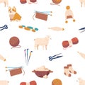 Charming Seamless Pattern Featuring An Array Of Sheep Wool Items, Such As Cozy Socks and Hat, Toy, And Fluffy Yarn