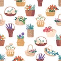 Charming Seamless Pattern Featuring Baskets Filled With Vibrant Flowers, Creating A Delightful And Eye-catching Design