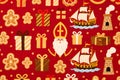 Traditional Sinterklaas gingerbread pattern with Dutch symbols like mitre, sailing ship, windmill, and chimneys on red background Royalty Free Stock Photo